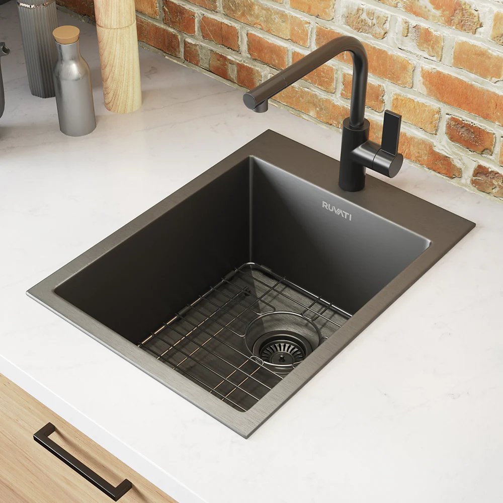 15 x 20 inch Gunmetal Black Stainless Steel Drop-in Topmount Bar Prep Sink Single Bowl