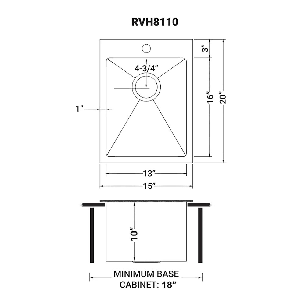 15 x 20 inch Gunmetal Black Stainless Steel Drop-in Topmount Bar Prep Sink Single Bowl - Image 6