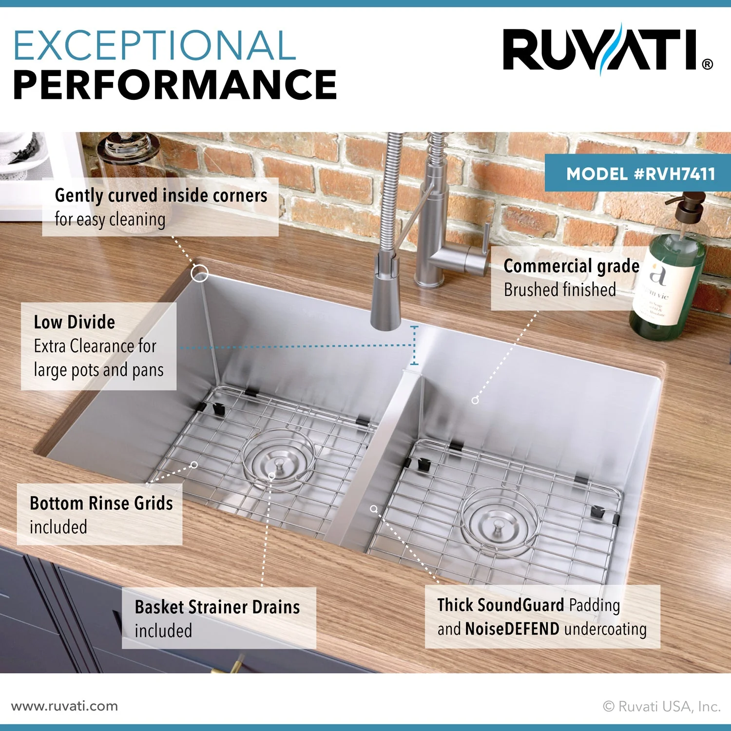 32-'' Low-Divide Undermount 50/50 Double Bowl 16 Gauge Rounded Corners Stainless Steel Kitchen Sink - Image 2