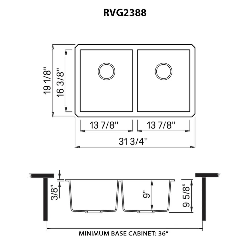 32 x 19 inch Granite Composite Undermount Double Bowl Kitchen Sink Midnight Black - Image 5