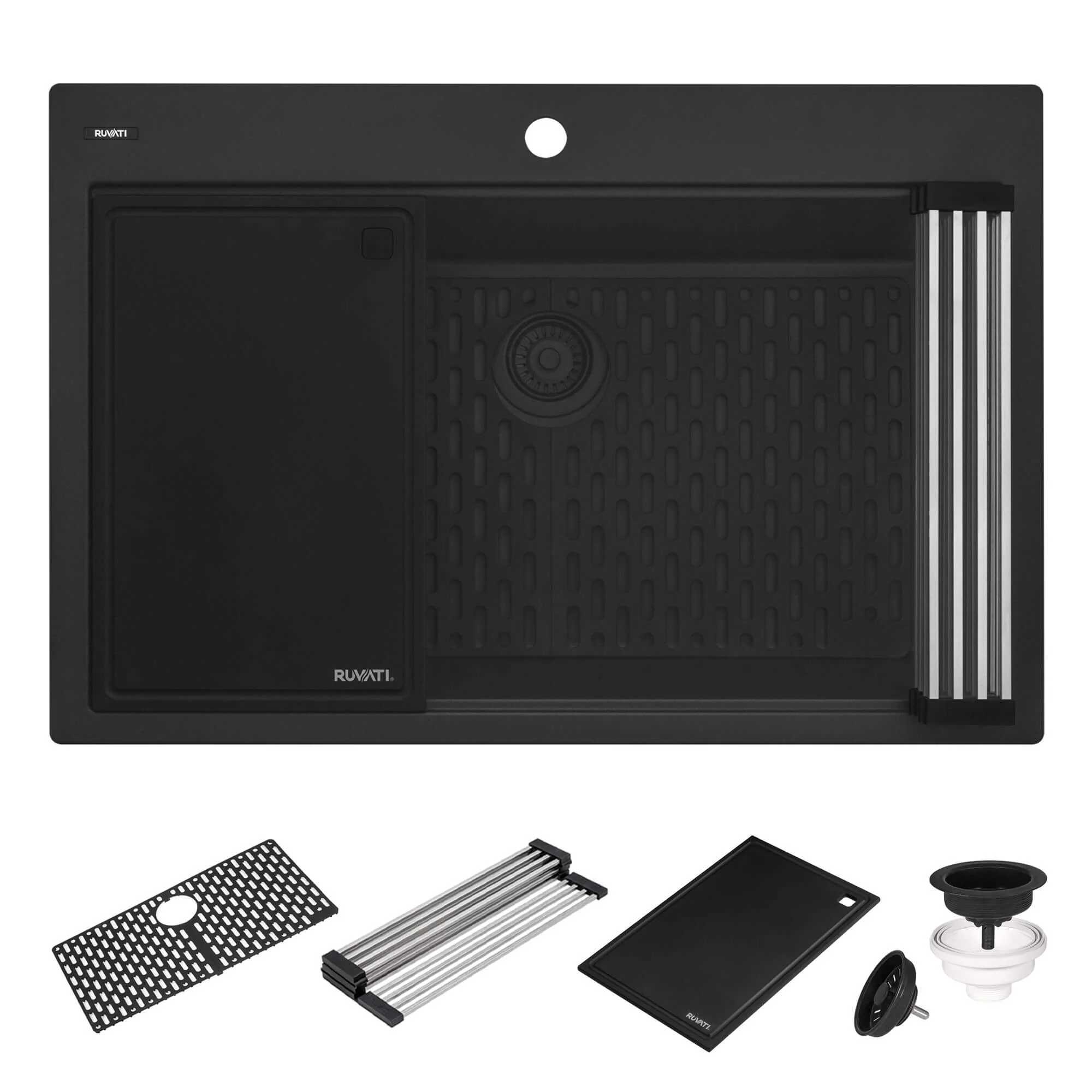 33" Granite Workstation Drop-in Topmount Kitchen Sink Matte Black