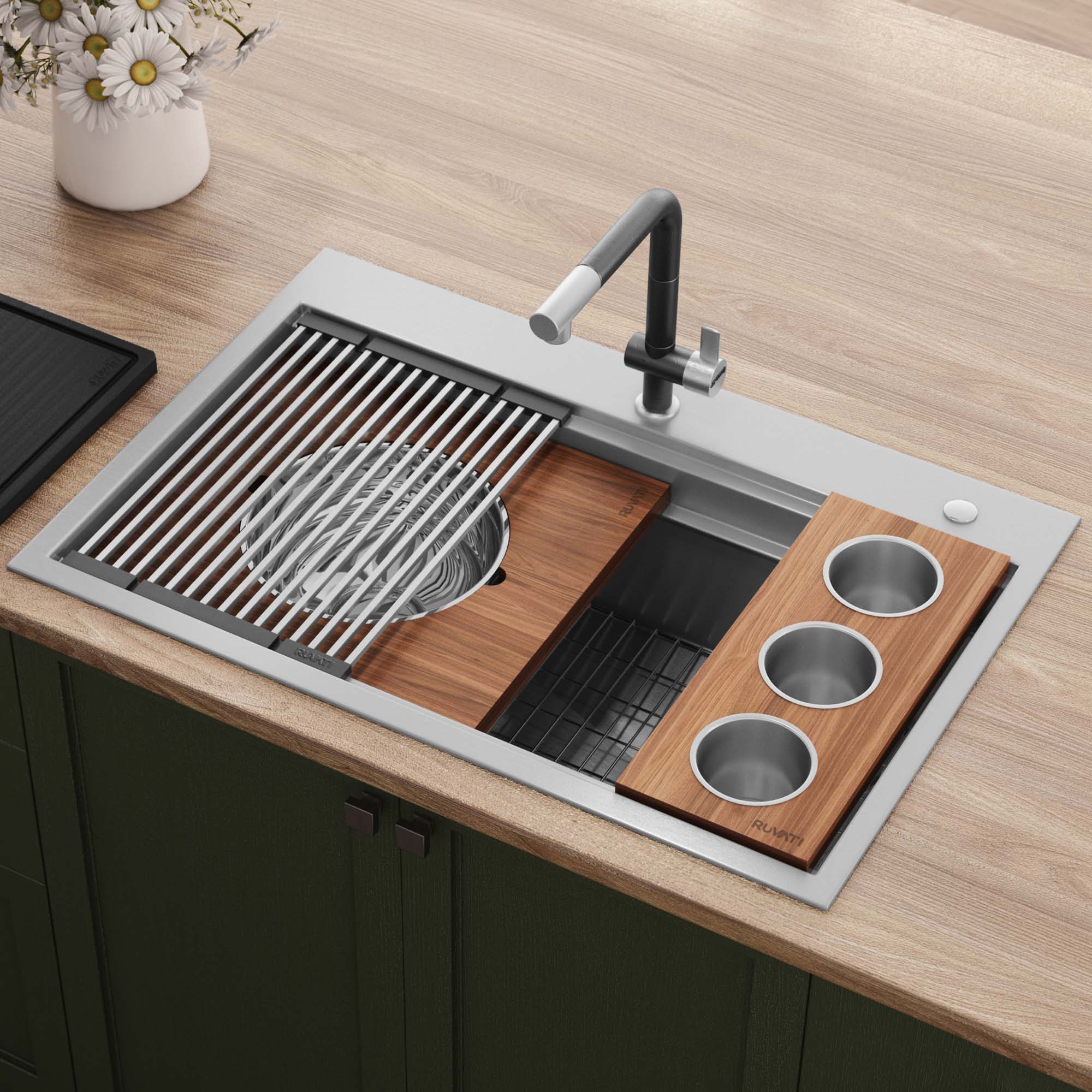 33-'' Workstation Two-Tiered Ledge Kitchen Sink Drop-in Topmount 16 Gauge Stainless Steel