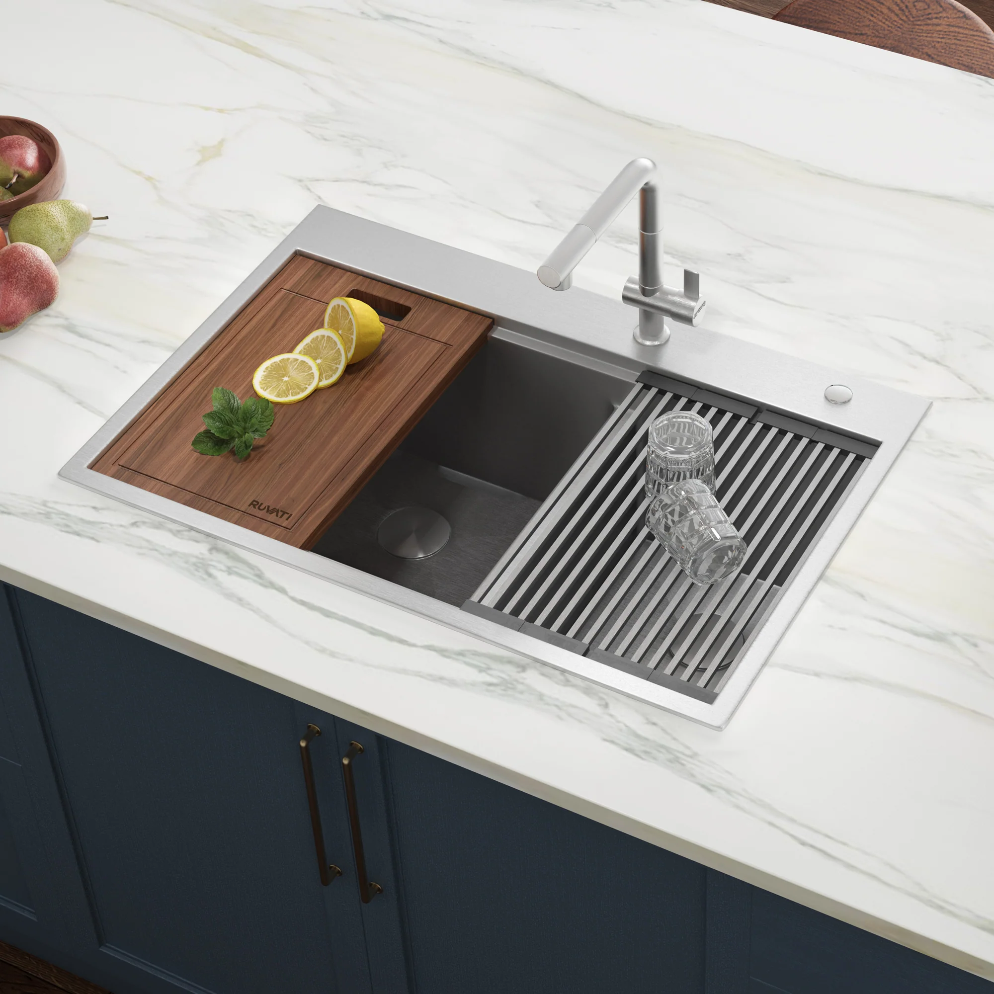 33 x 22 '' Workstation Drop-in 40/60 Double Bowl Topmount Rounded Corners Kitchen Sink