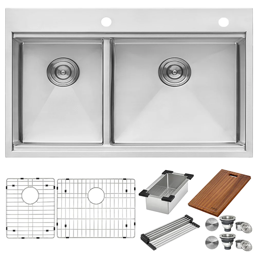 33 x 22 '' Workstation Drop-in 40/60 Double Bowl Topmount Rounded Corners Kitchen Sink - Image 5
