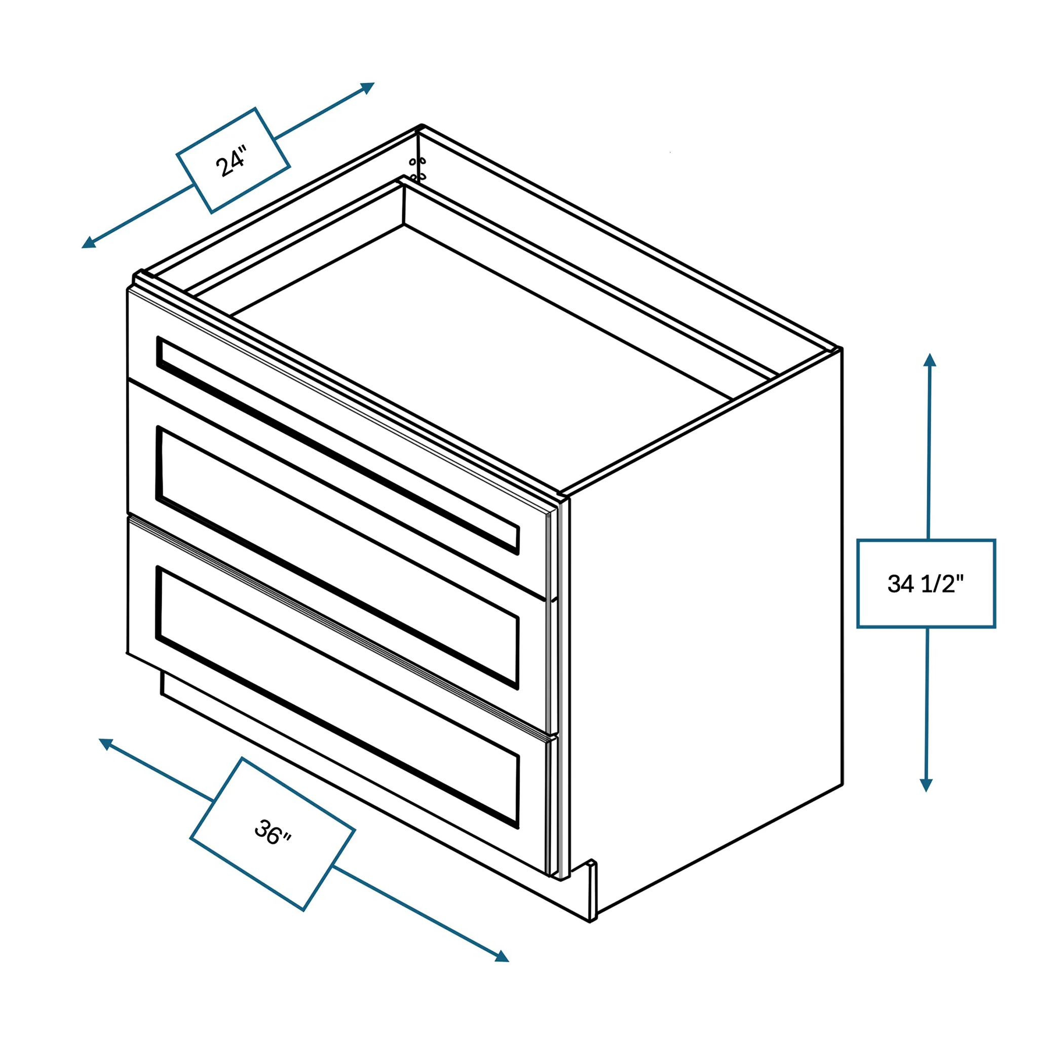 Annapolis Blue 36 in. Wide x 24 in. Deep x 34.5 in. Tall - 3-Drawer Base Shaker Cabinet