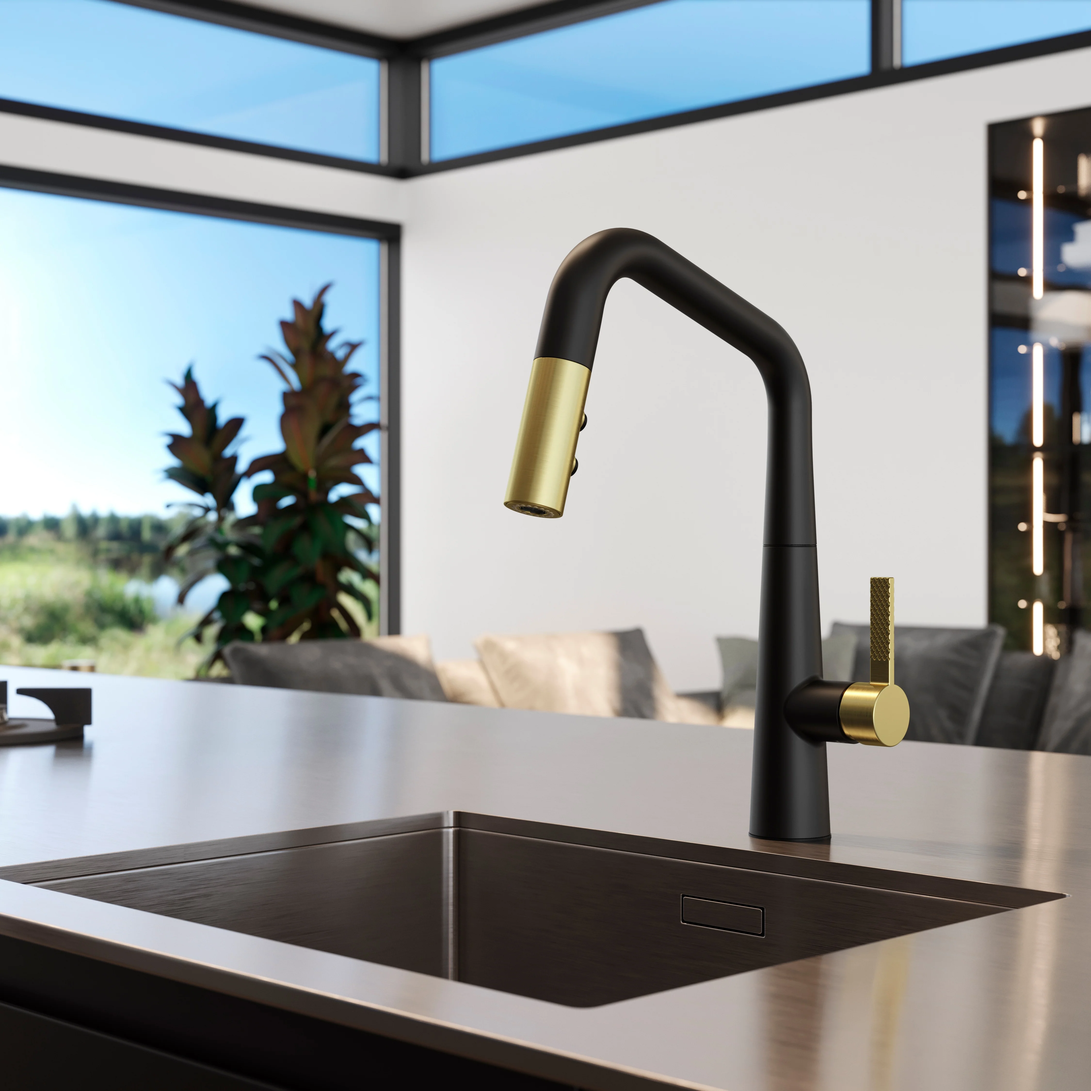 Asari Kitchen Faucet 1-Handle Combo-Matte Black/Brushed Gold - Image 4