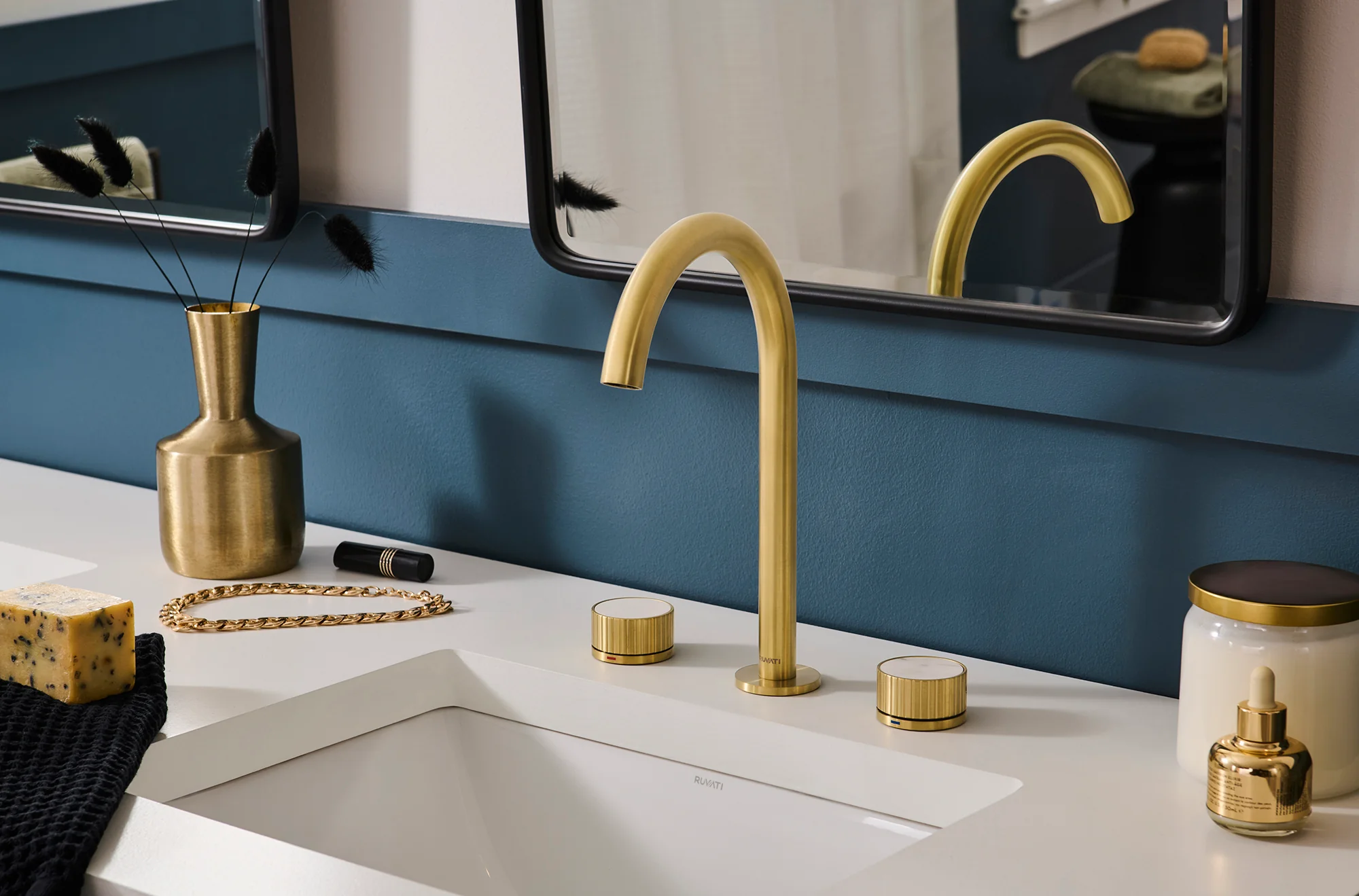 Athena Two Handle Stone Marble Luxury Knob Widespread Bathroom Faucet in Brushed Gold - RVF5232SG - Image 3