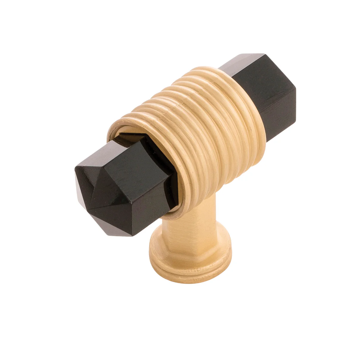 Chrysalis T-Knob 1-7/8 Inch x 3/4 Inch Brushed Golden Brass with Opaque Black Glass Finish