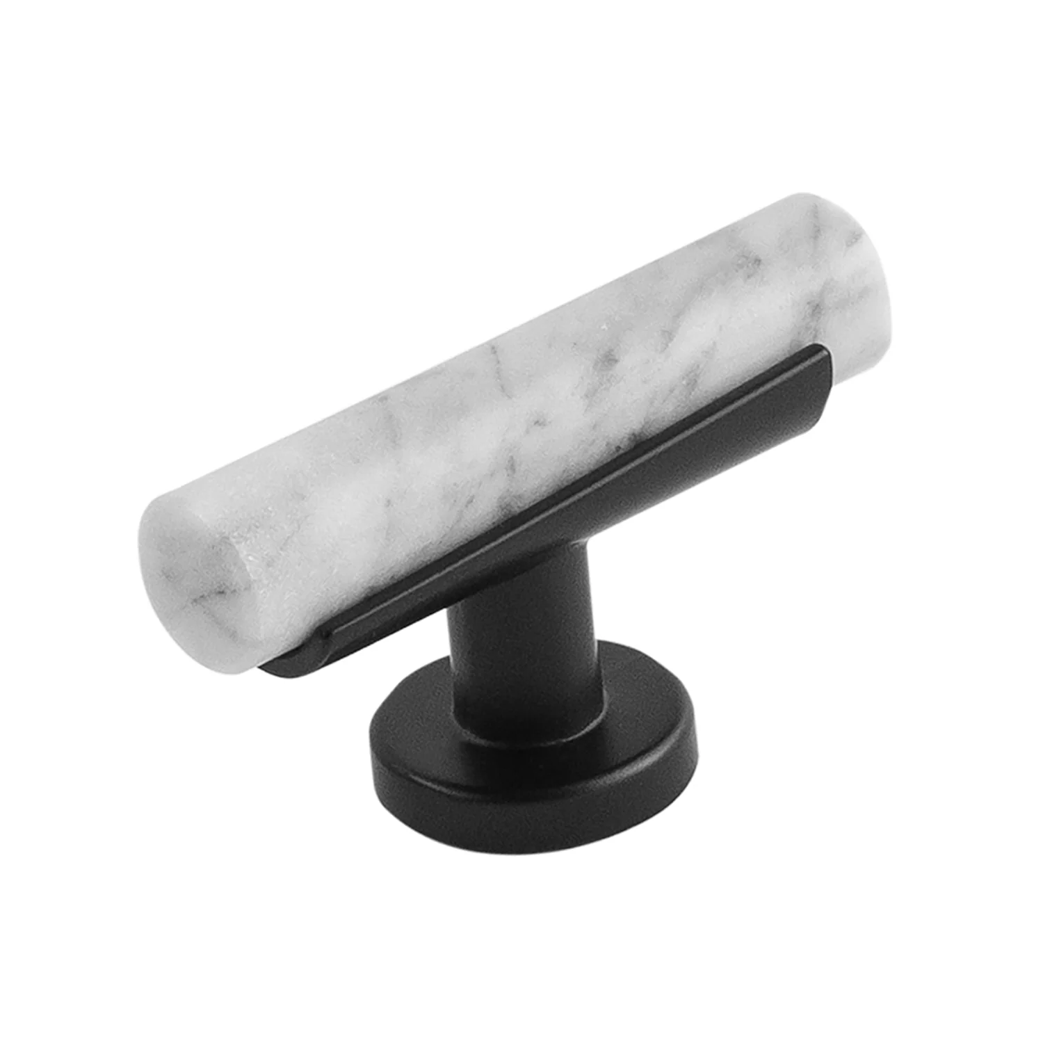 Firenze T-Knob 2-1/2 Inch x 1 Inch White Marble with Matte Black Finish