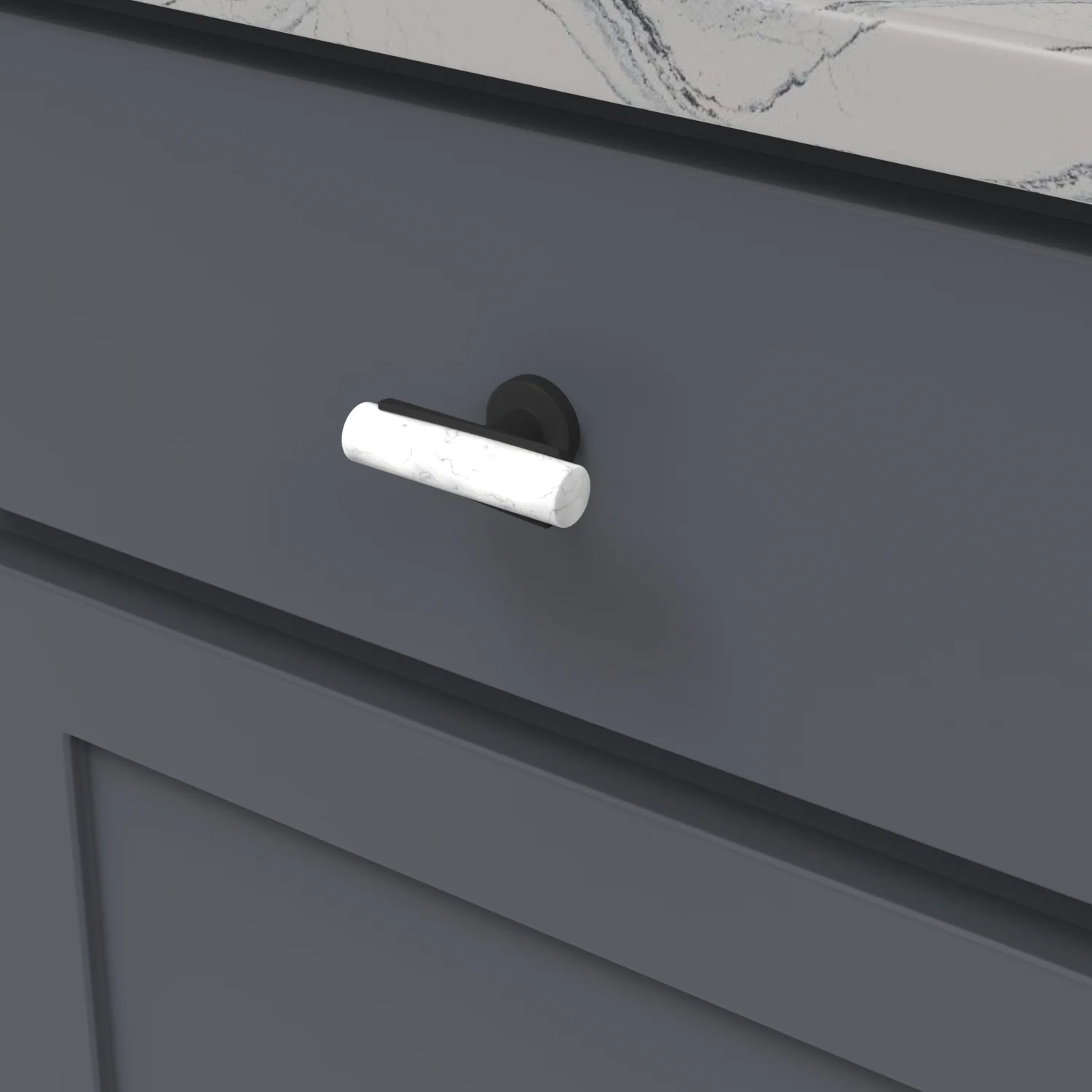 Firenze T-Knob 2-1/2 Inch x 1 Inch White Marble with Matte Black Finish - Image 2