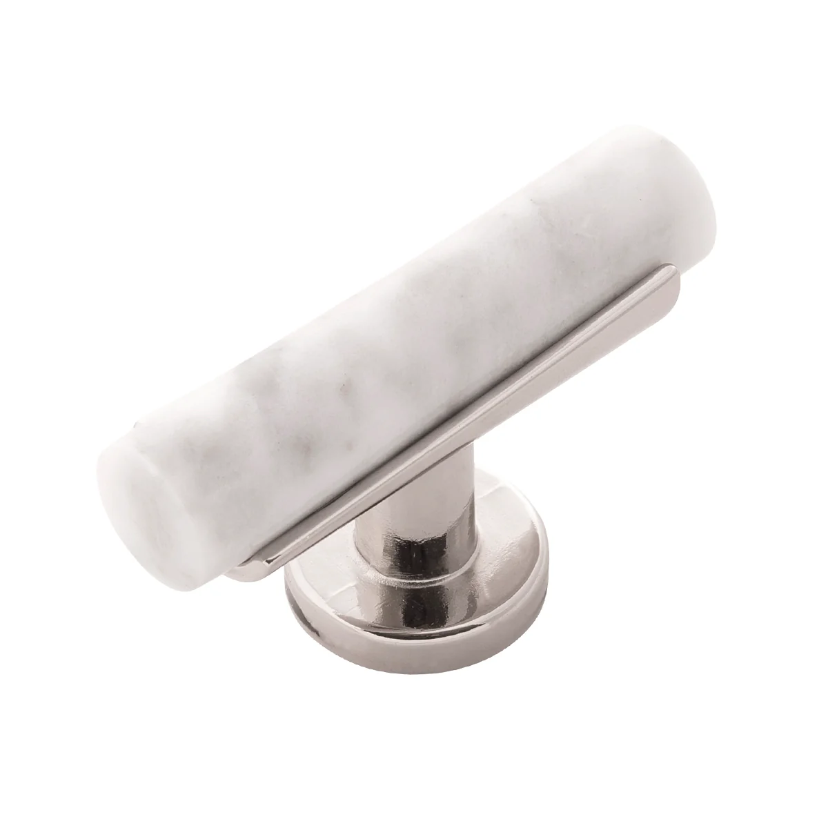 Firenze T-Knob 2-1/2 Inch x 1 Inch White Marble with Polished Nickel Finish