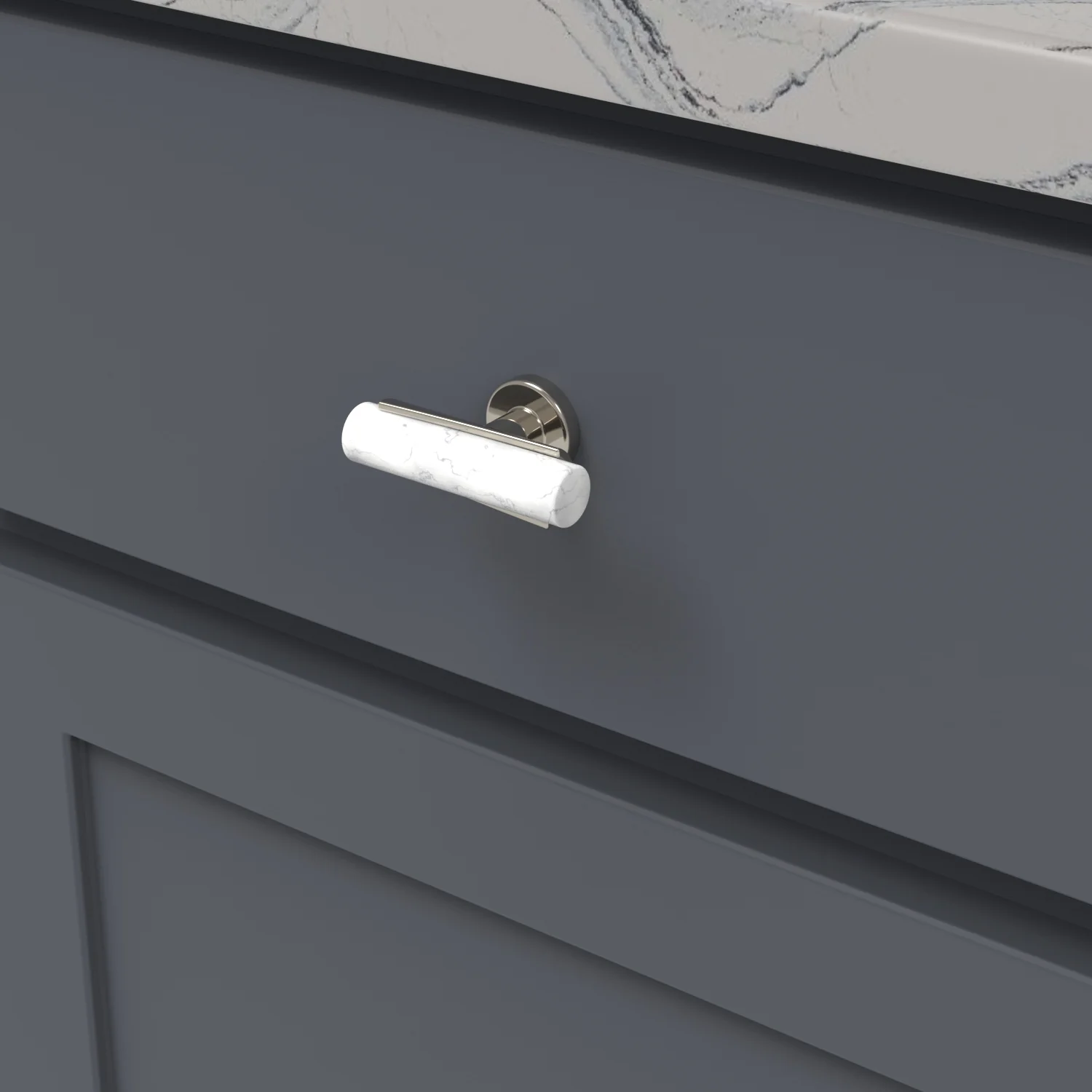 Firenze T-Knob 2-1/2 Inch x 1 Inch White Marble with Polished Nickel Finish - Image 2
