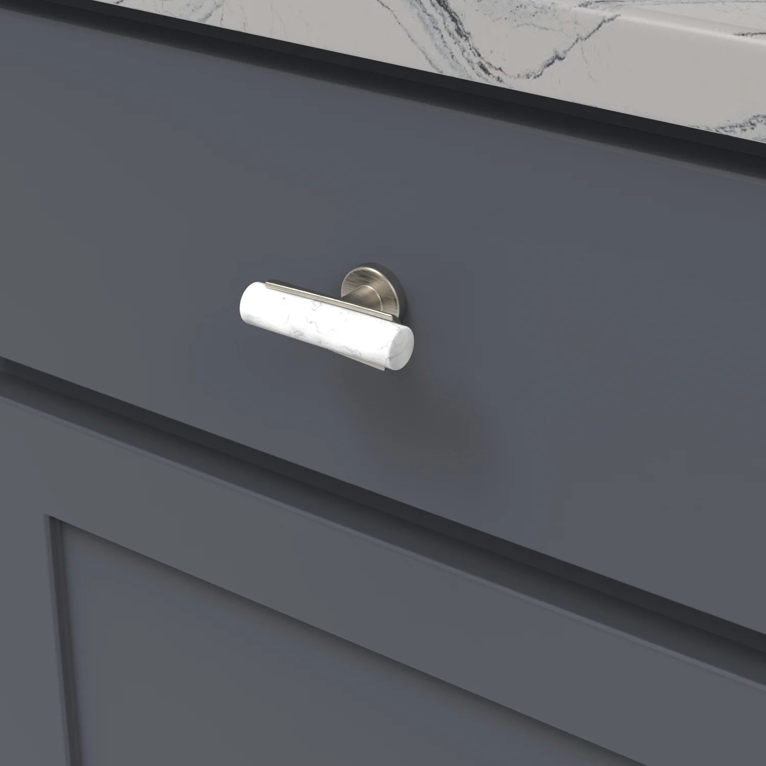 Firenze T-Knob 2-1/2 Inch x 1 Inch White Marble with Satin Nickel Finish - Image 2