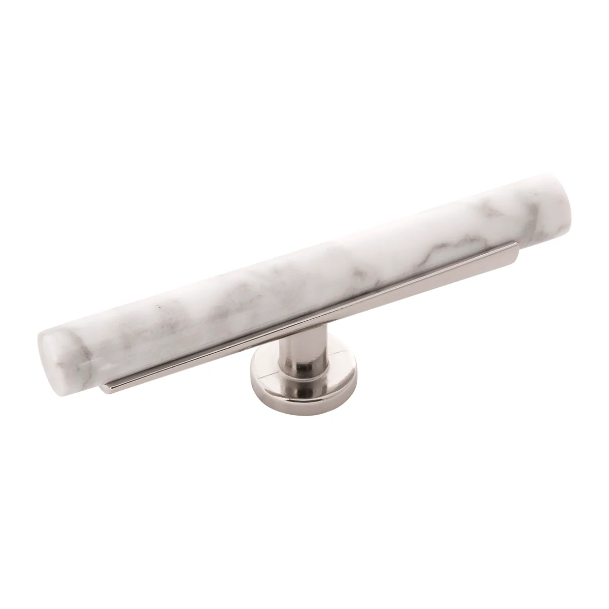 Firenze T-Knob 5 Inch x 1 Inch White Marble with Polished Nickel Finish