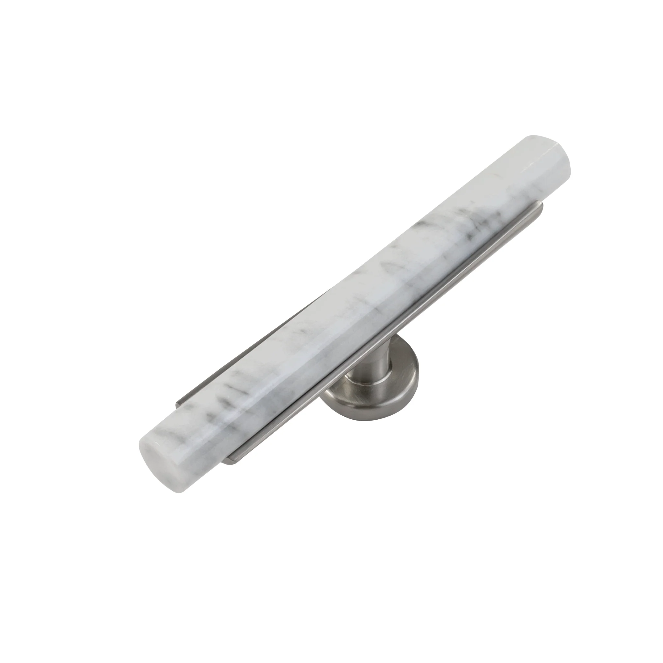 Firenze T-Knob 5 Inch x 1 Inch White Marble with Satin Nickel Finish