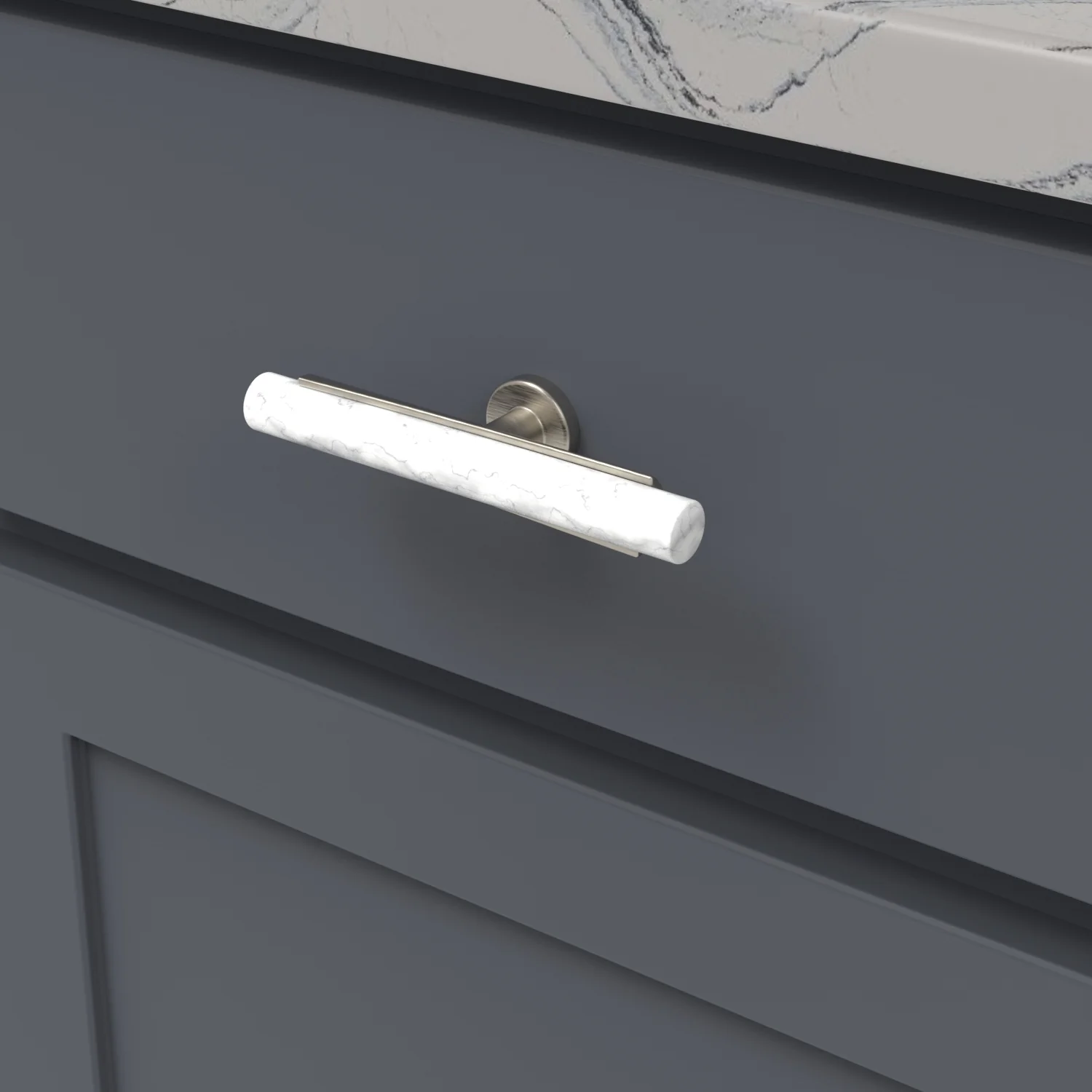 Firenze T-Knob 5 Inch x 1 Inch White Marble with Satin Nickel Finish - Image 2