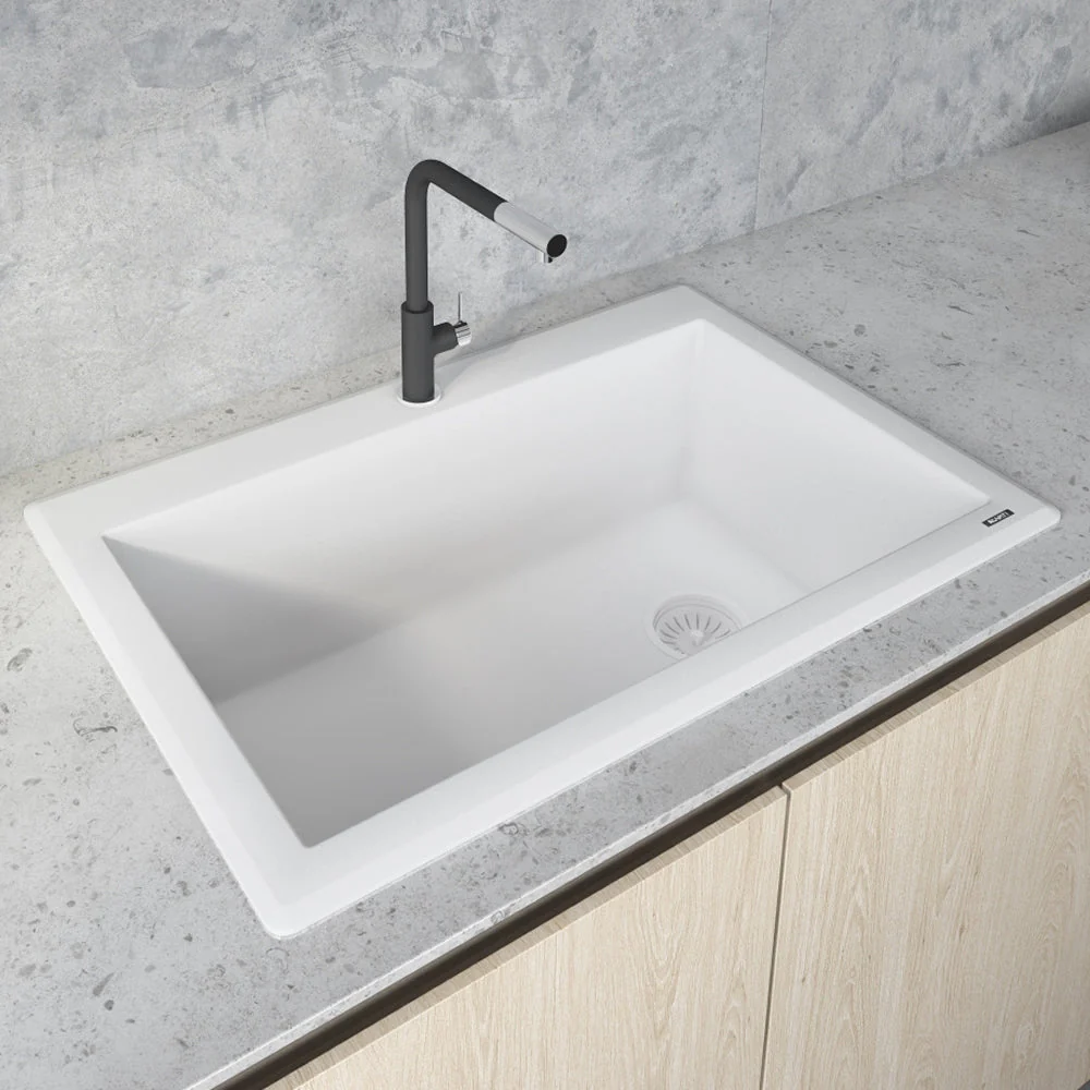 Granite Topmount 33x22 Offset Drain Single Basin Sink Arctic White
